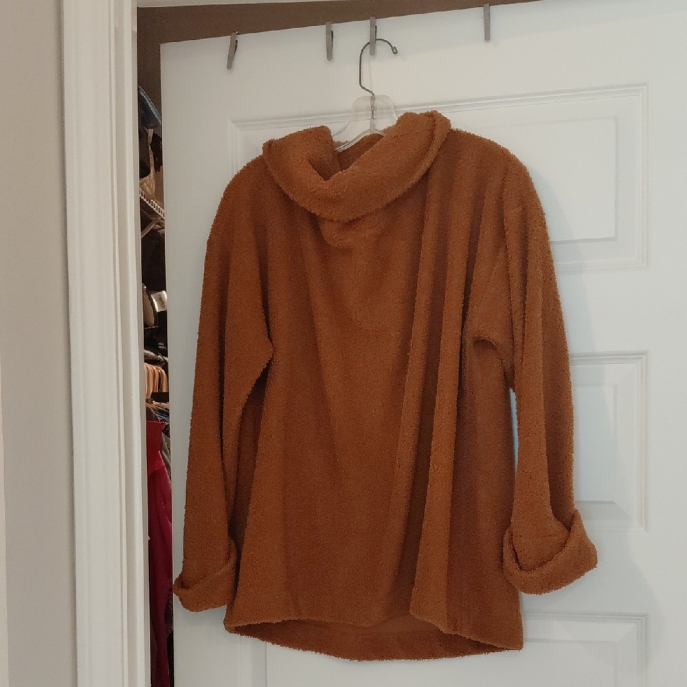 LOFT Plush Hooded Turtleneck Sweater in Camel
